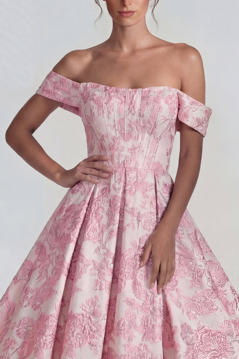 Robe midi trapèze bustier à épaules dénudées jacquard rose