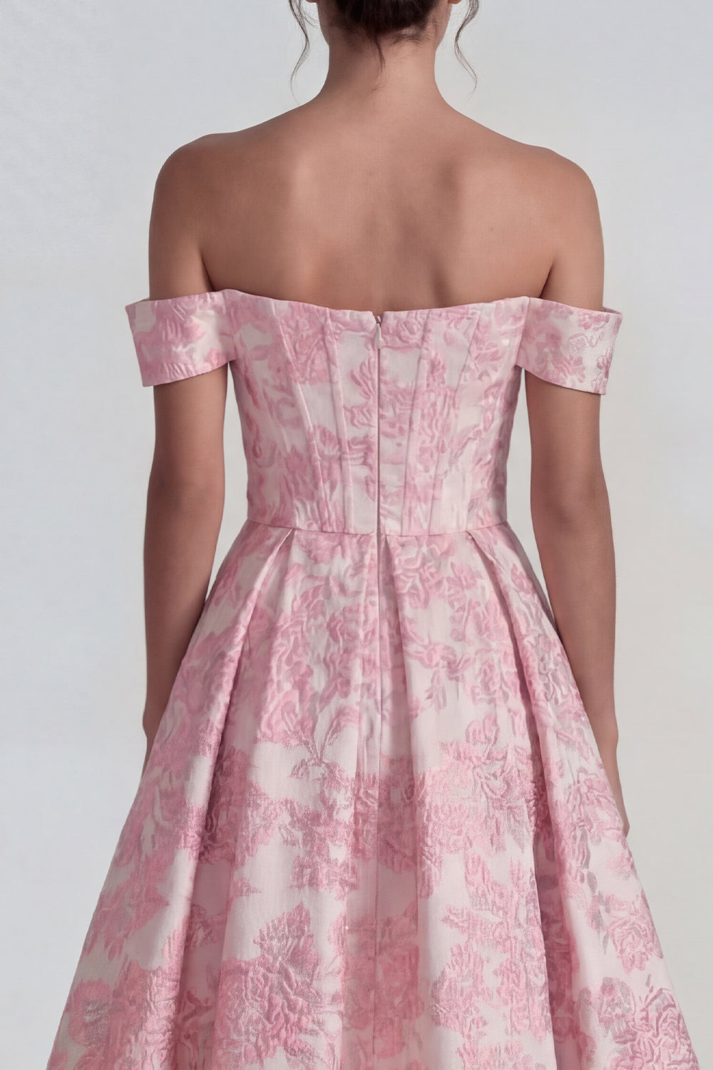 Robe midi trapèze bustier à épaules dénudées jacquard rose