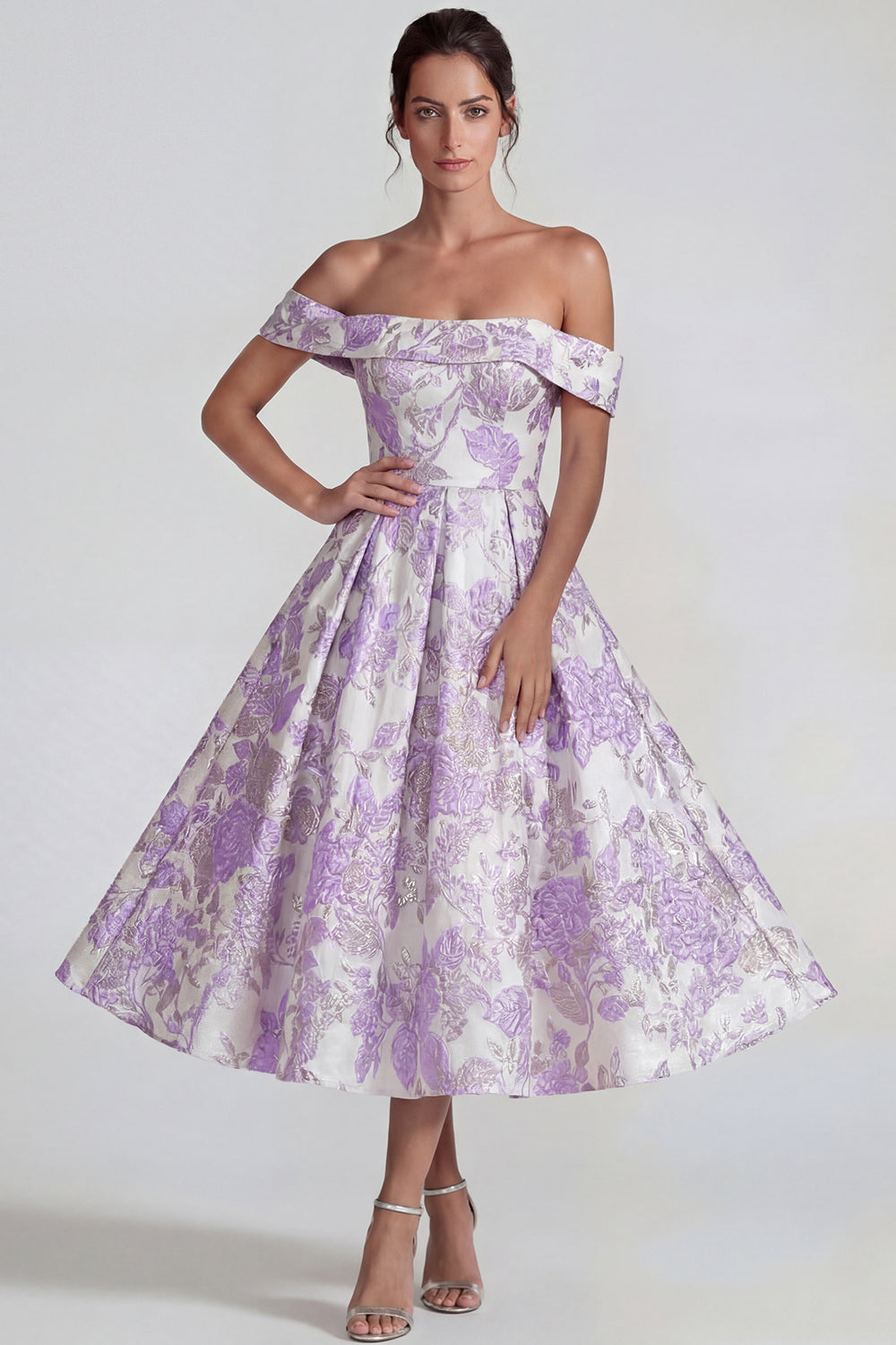Lilac Jacquard Off-the-Shoulder A-Line Midi Dress