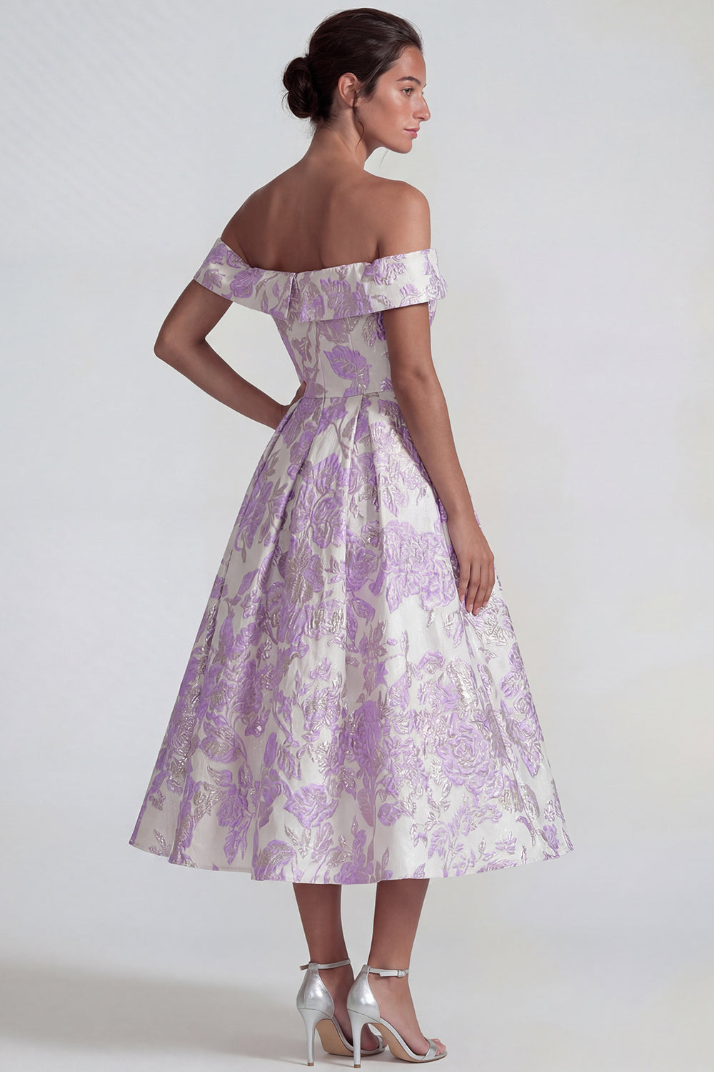 Lilac Jacquard Off-the-Shoulder A-Line Midi Dress