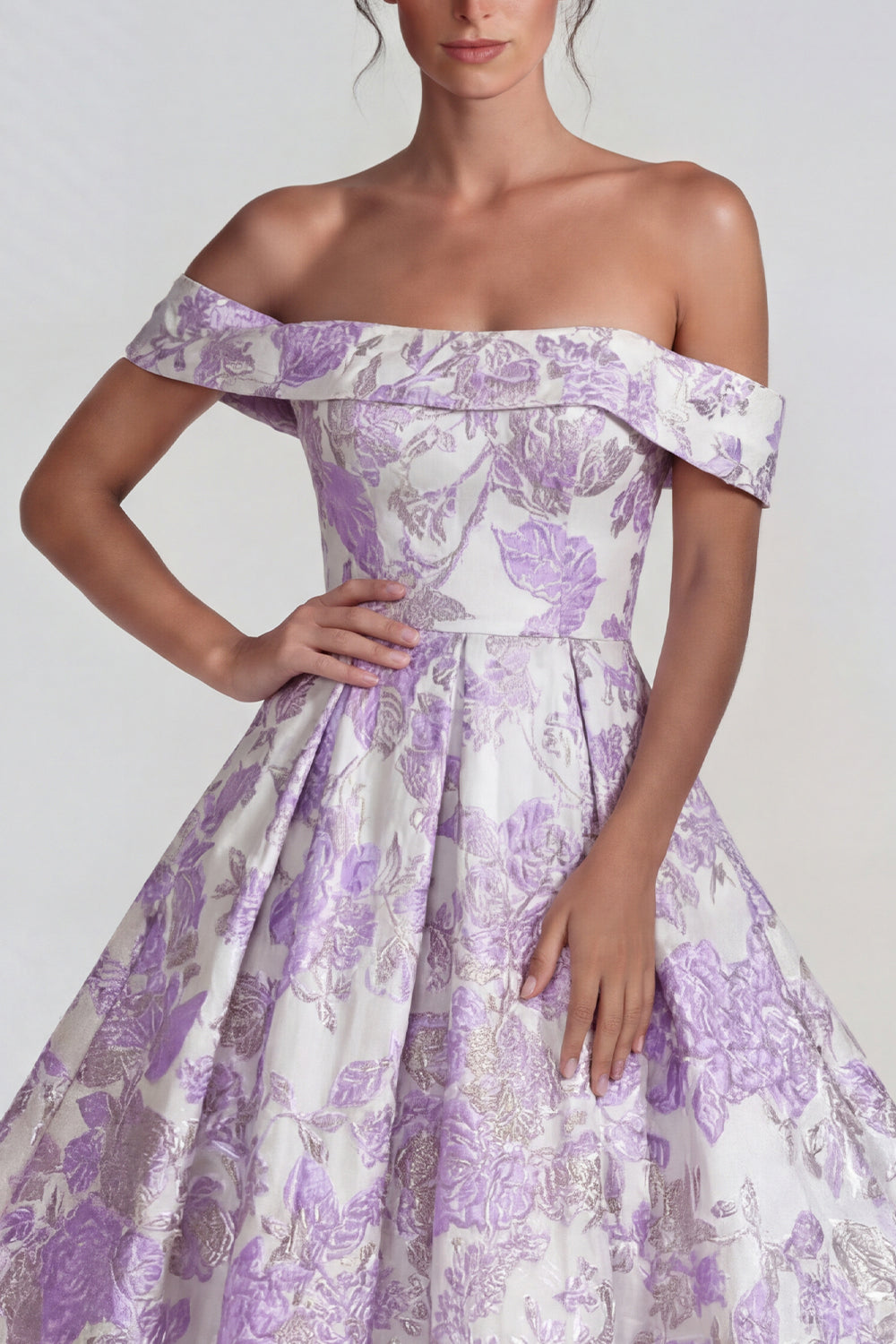 Lilac Jacquard Off-the-Shoulder A-Line Midi Dress
