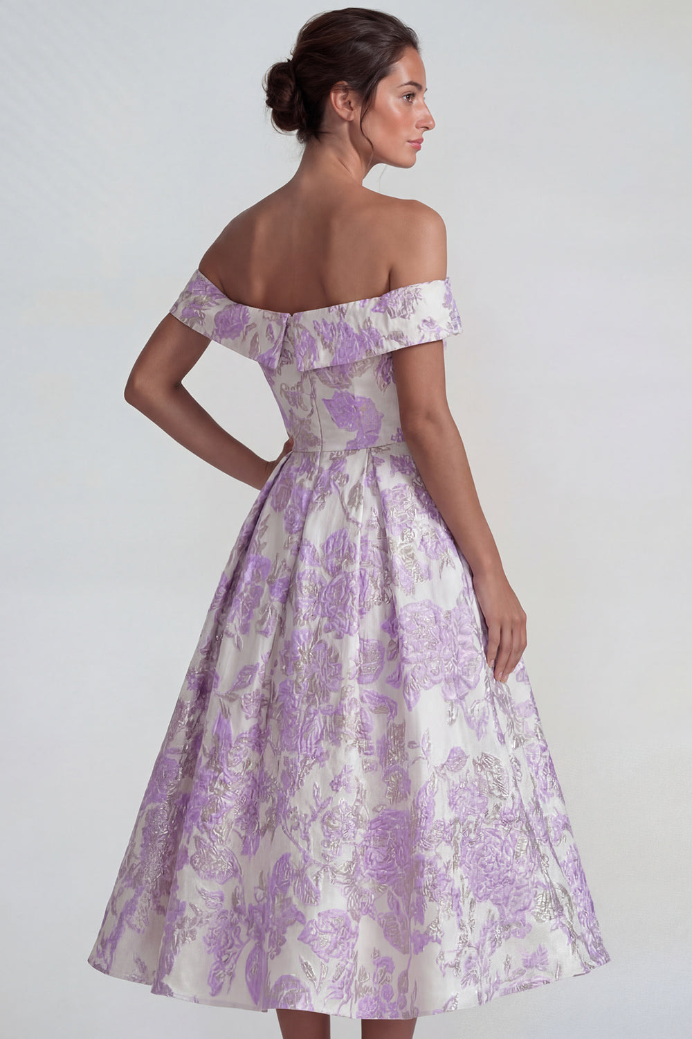 Lilac Jacquard Off-the-Shoulder A-Line Midi Dress
