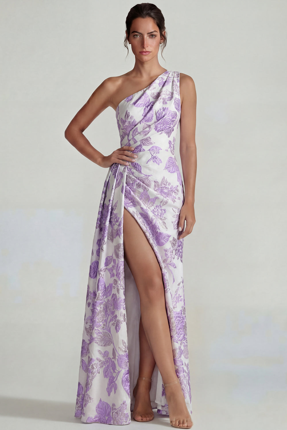 Robe longue de soirée fourreau fendue en jacquard lilas plissé à une épaule