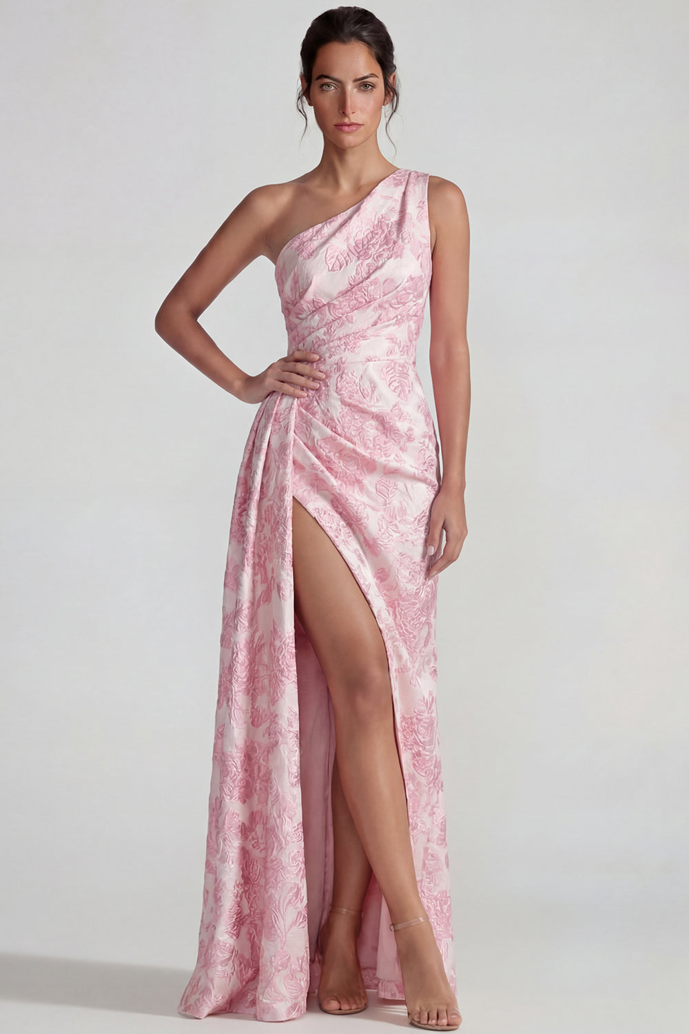 Robe longue de soirée fourreau fendue en jacquard lilas plissé à une épaule