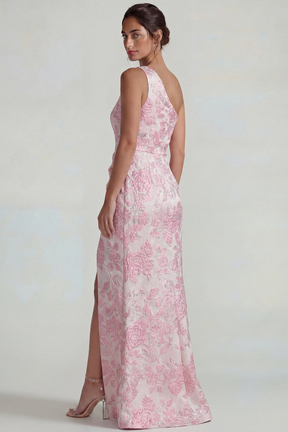 Robe longue de soirée fourreau fendue en jacquard lilas plissé à une épaule