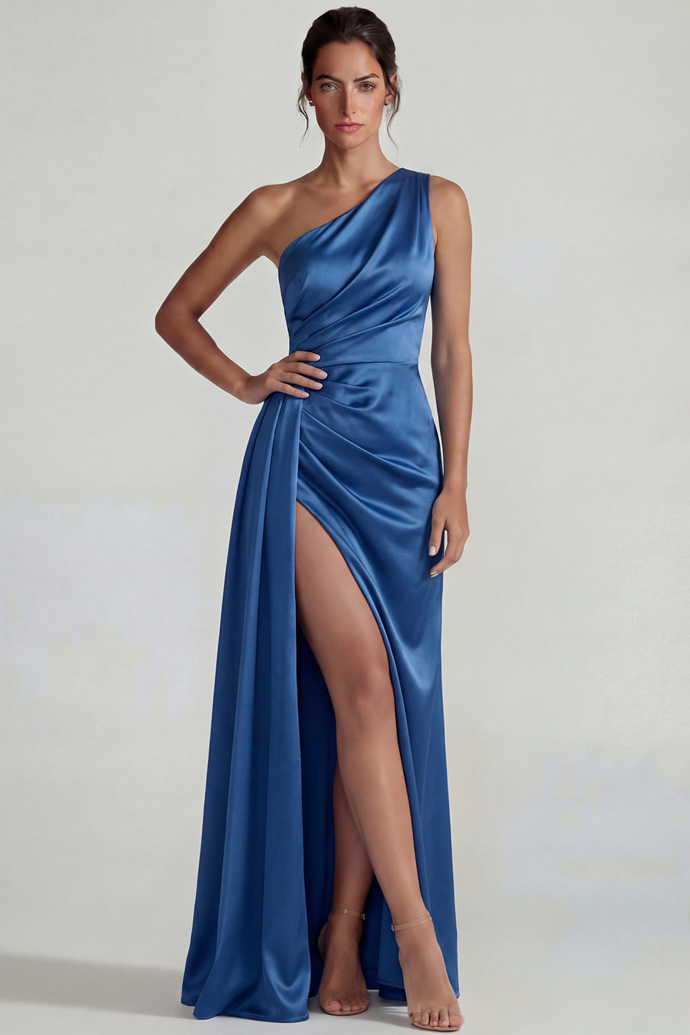 Dark Blue One-Shoulder Satin Ruched Sheath Long Formal Dress with Slit