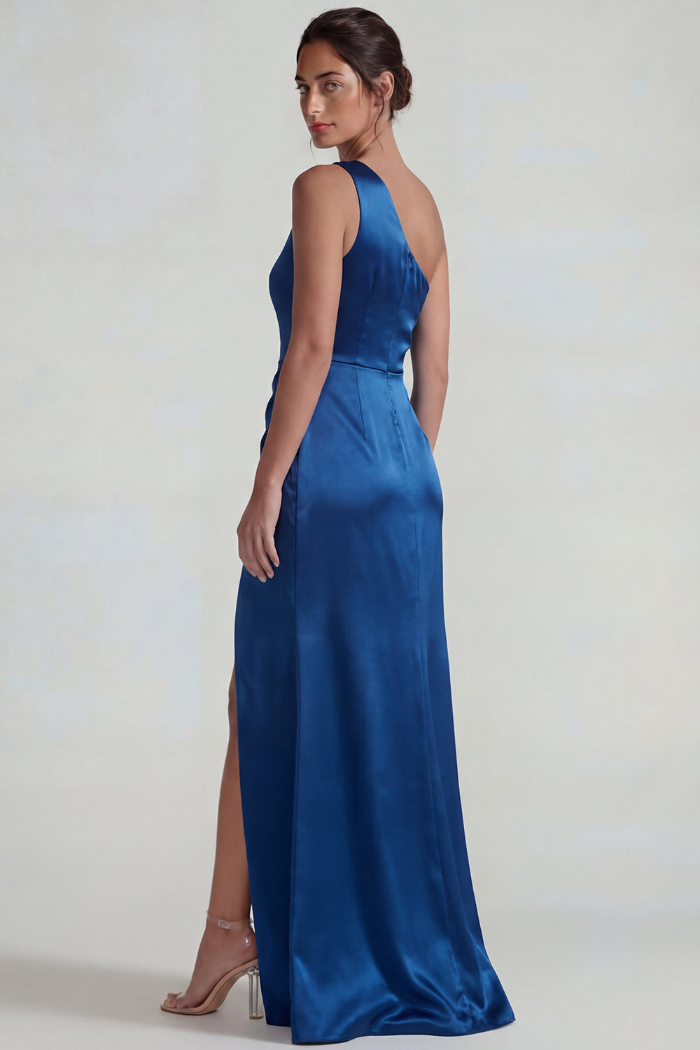 Dark Blue One-Shoulder Satin Ruched Sheath Long Formal Dress with Slit