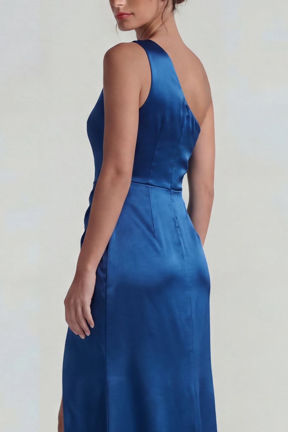 Dark Blue One-Shoulder Satin Ruched Sheath Long Formal Dress with Slit