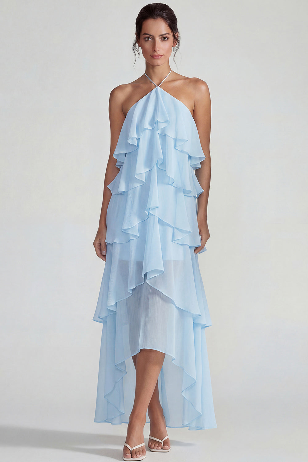 Blue Ruffled Chiffon Halter Tiered A-Line Midi Dress