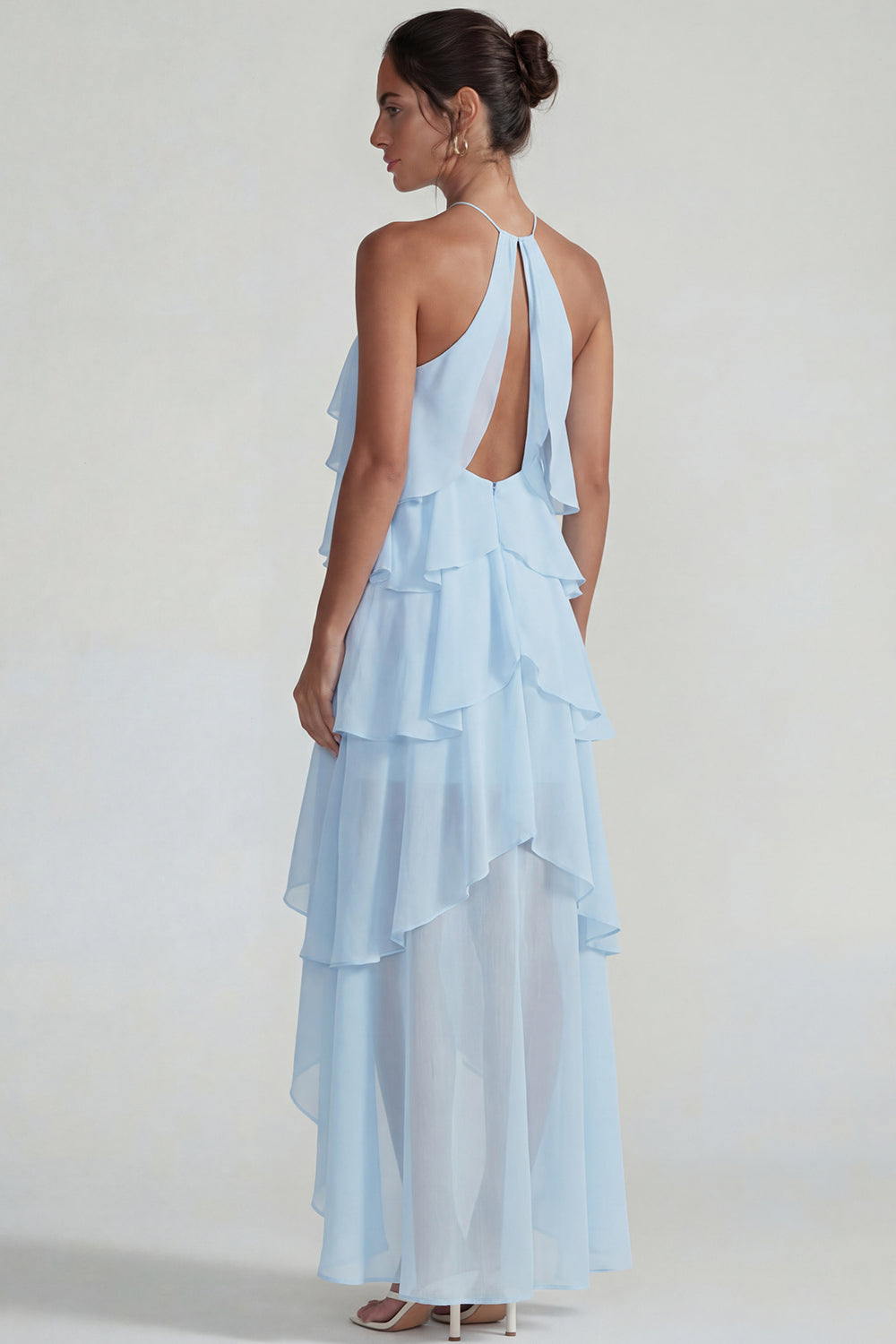 Blue Ruffled Chiffon Halter Tiered A-Line Midi Dress