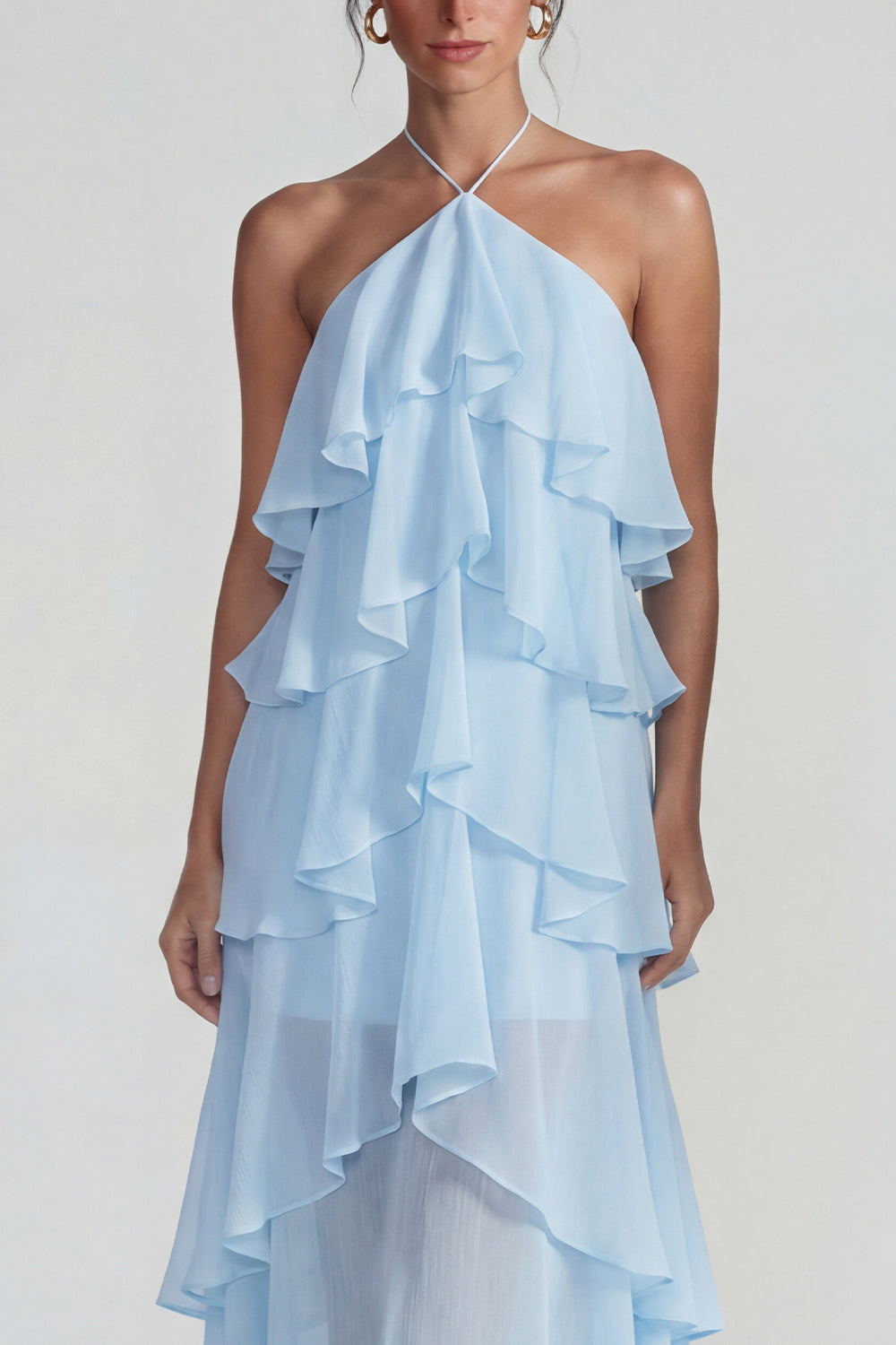 Blue Ruffled Chiffon Halter Tiered A-Line Midi Dress