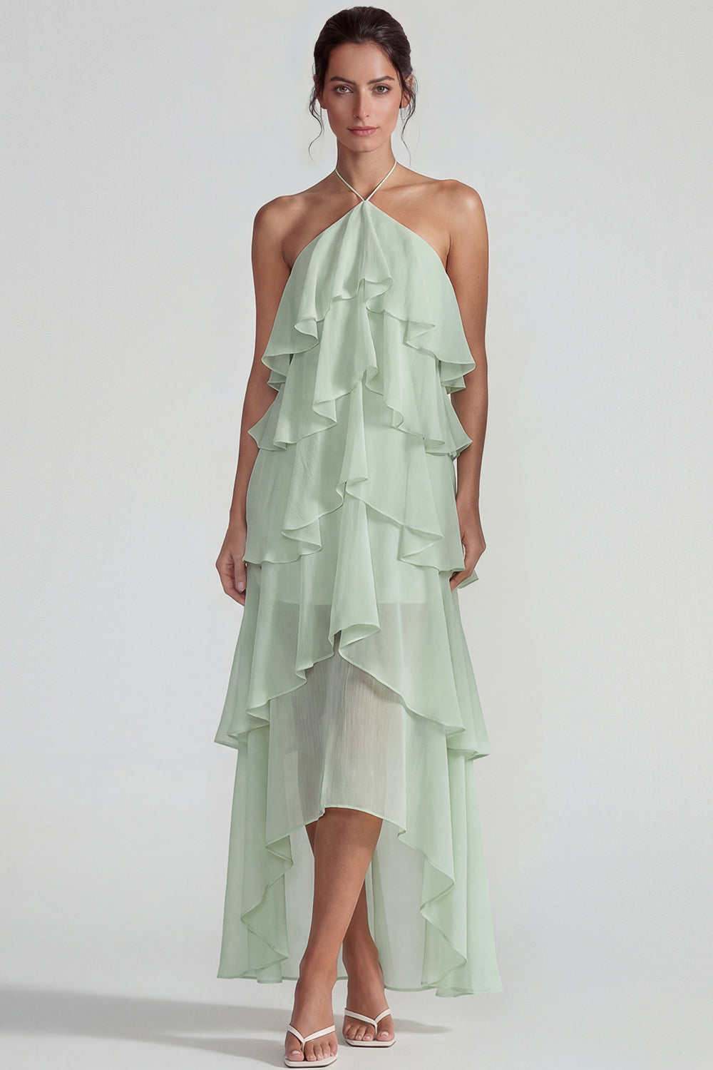 Blue Ruffled Chiffon Halter Tiered A-Line Midi Dress