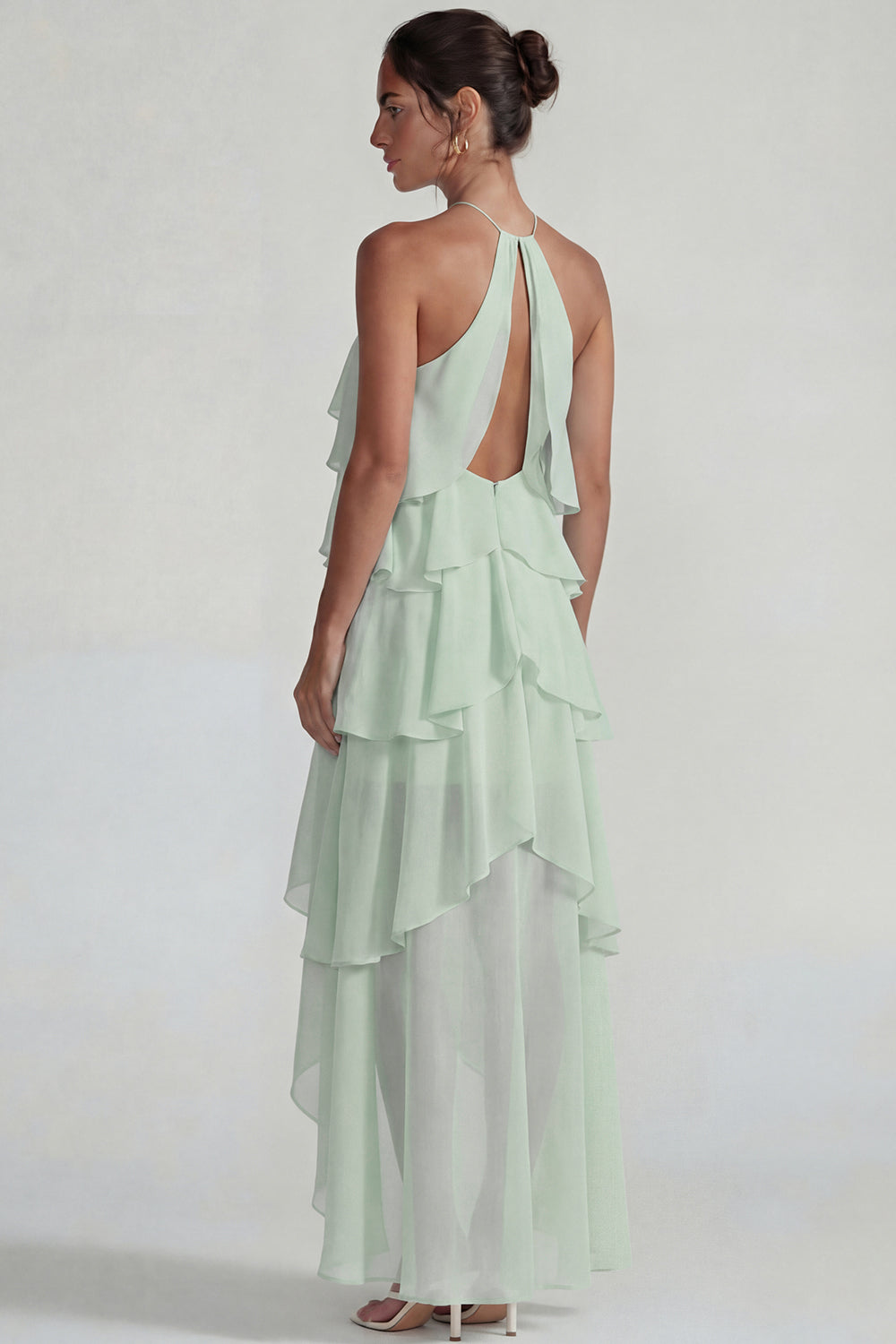 Blue Ruffled Chiffon Halter Tiered A-Line Midi Dress