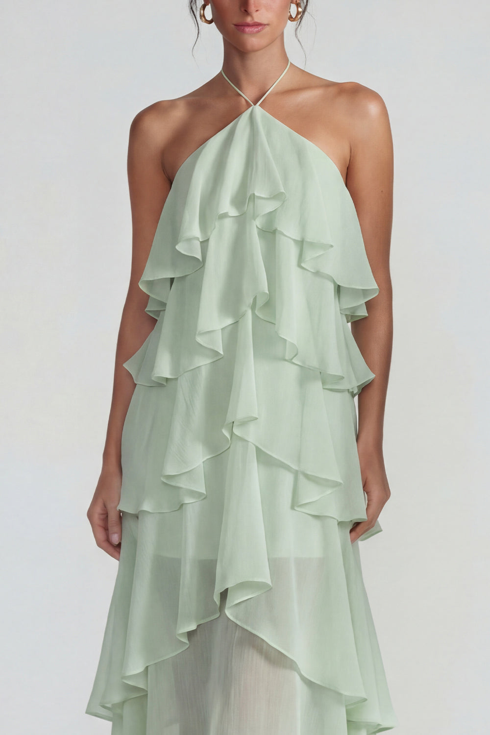 Blue Ruffled Chiffon Halter Tiered A-Line Midi Dress