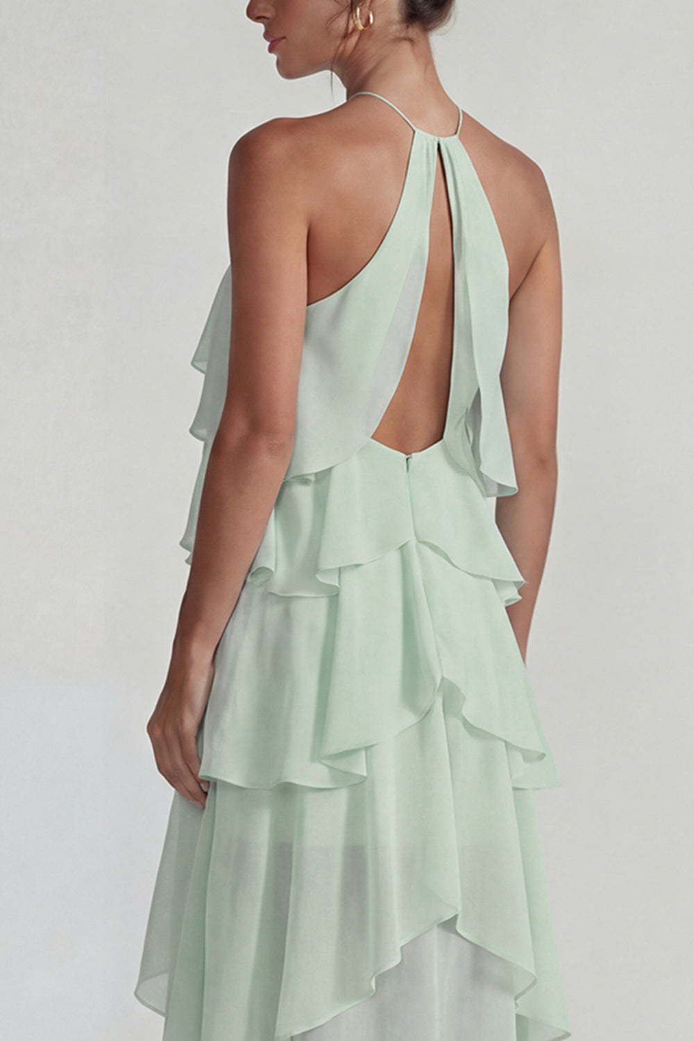 Blue Ruffled Chiffon Halter Tiered A-Line Midi Dress