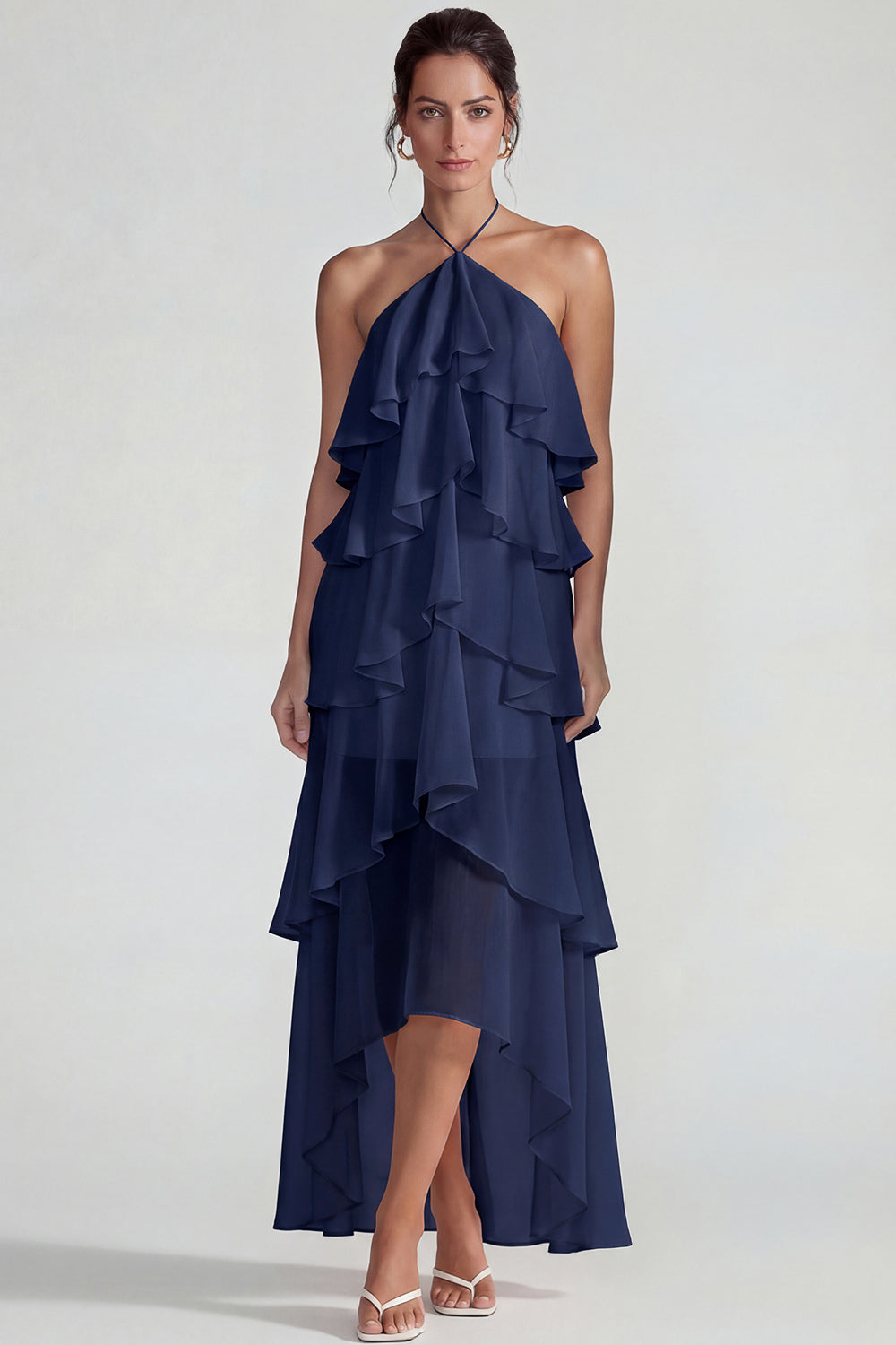 Blue Ruffled Chiffon Halter Tiered A-Line Midi Dress