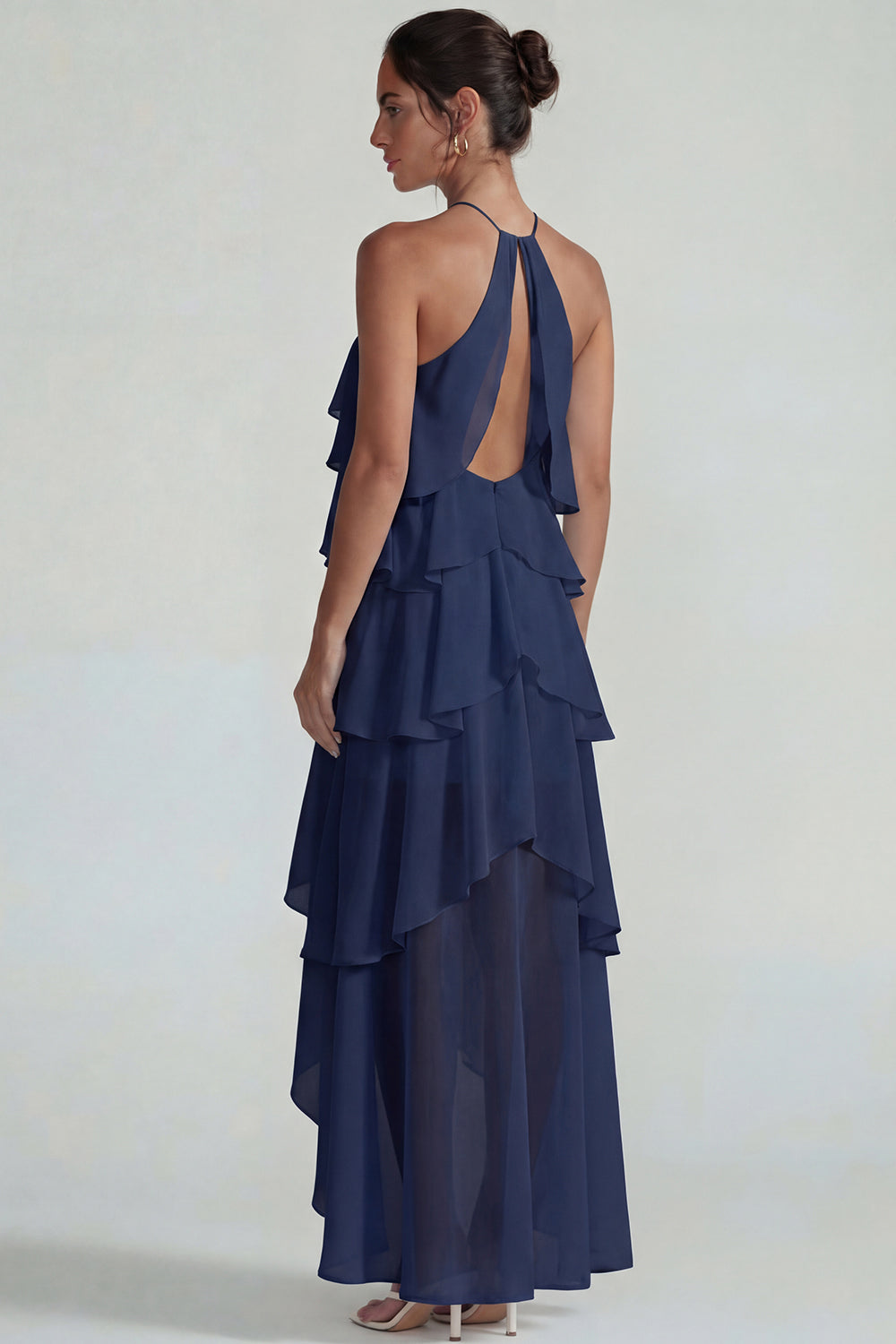 Blue Ruffled Chiffon Halter Tiered A-Line Midi Dress