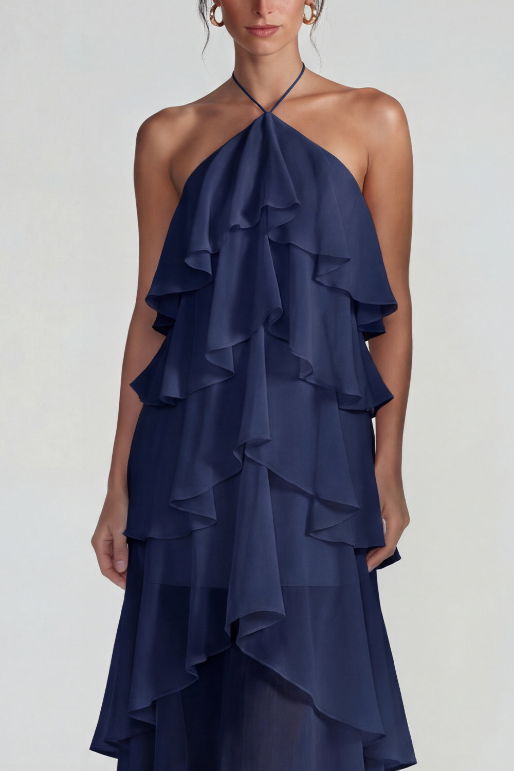 Blue Ruffled Chiffon Halter Tiered A-Line Midi Dress