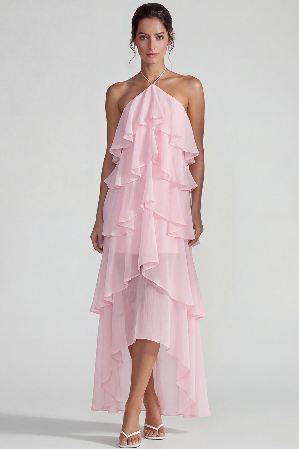 Blue Ruffled Chiffon Halter Tiered A-Line Midi Dress