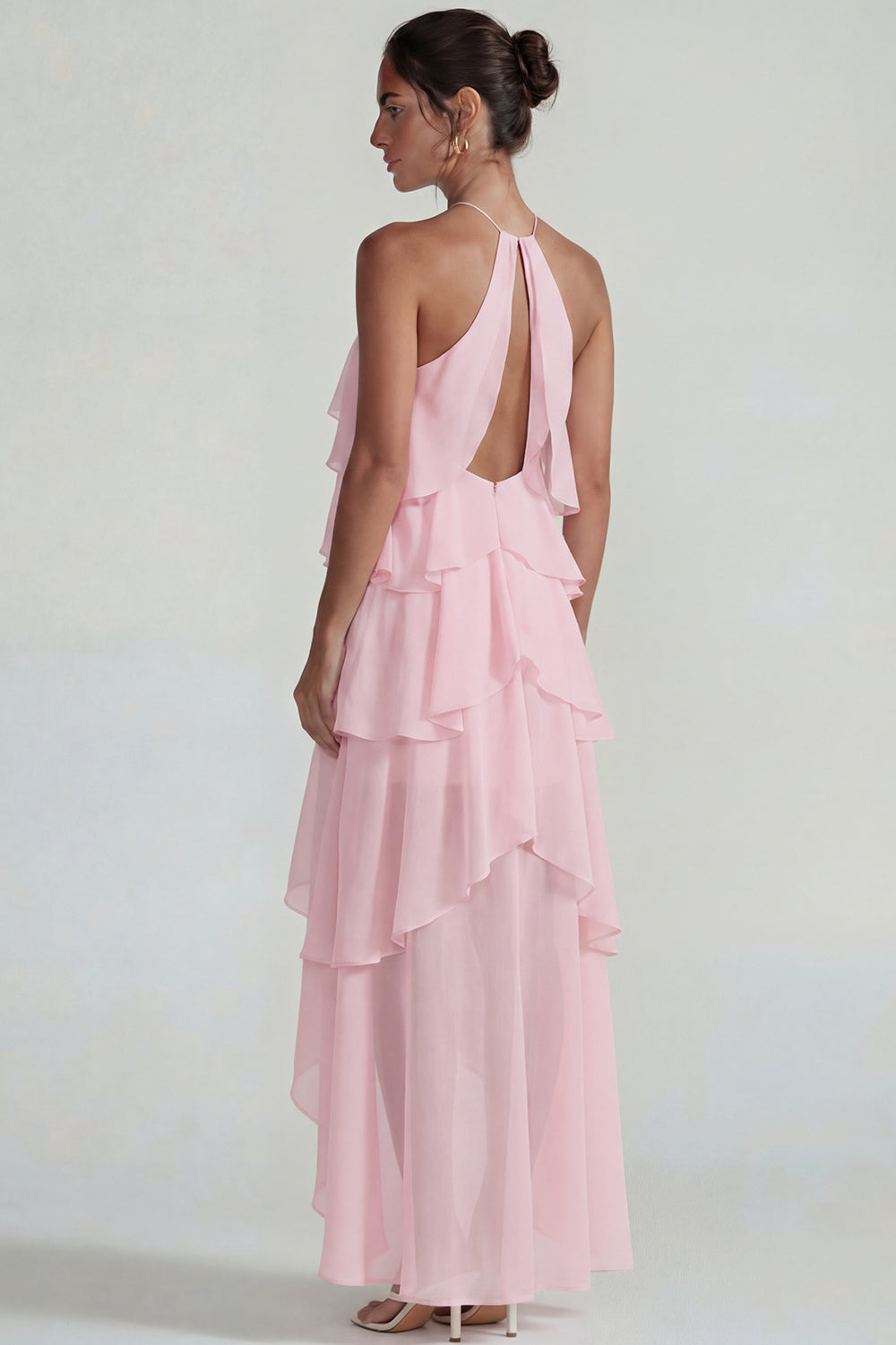 Blue Ruffled Chiffon Halter Tiered A-Line Midi Dress