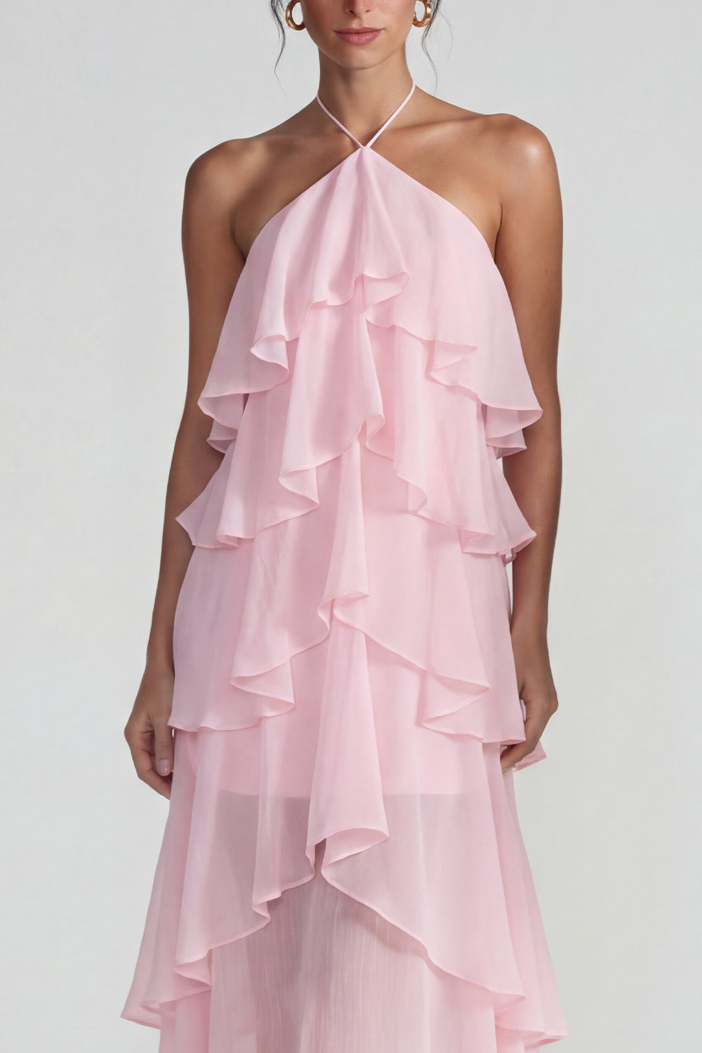 Blue Ruffled Chiffon Halter Tiered A-Line Midi Dress