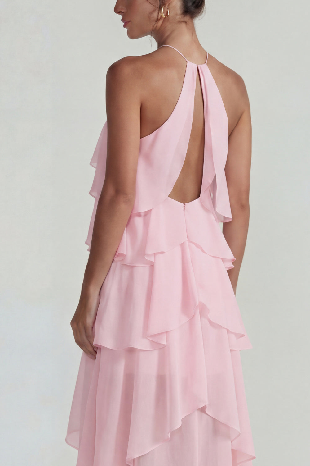 Blue Ruffled Chiffon Halter Tiered A-Line Midi Dress