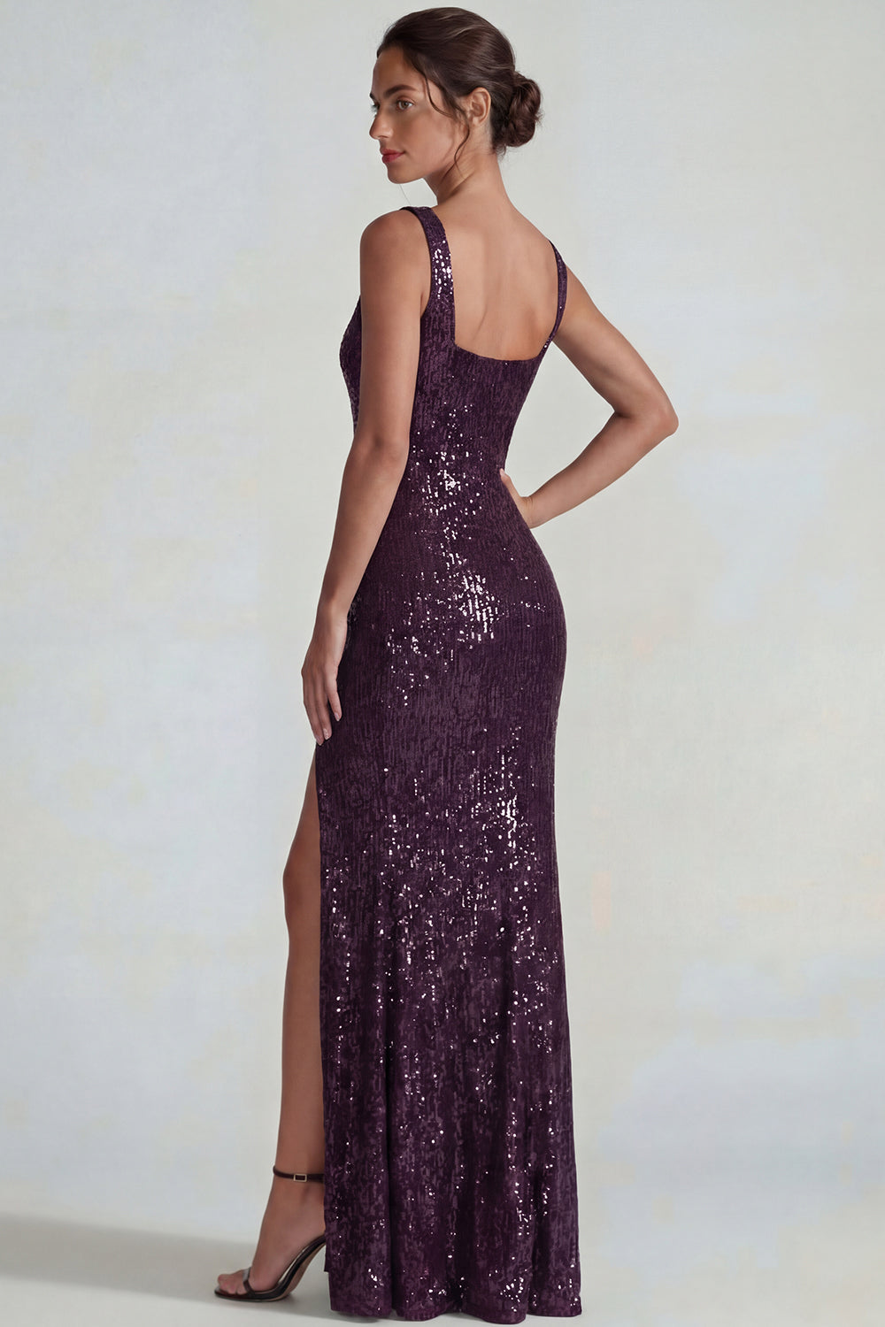 Sparkly Dark Purple Square Neck Sequin Sheath Long Formal Dress with Slit