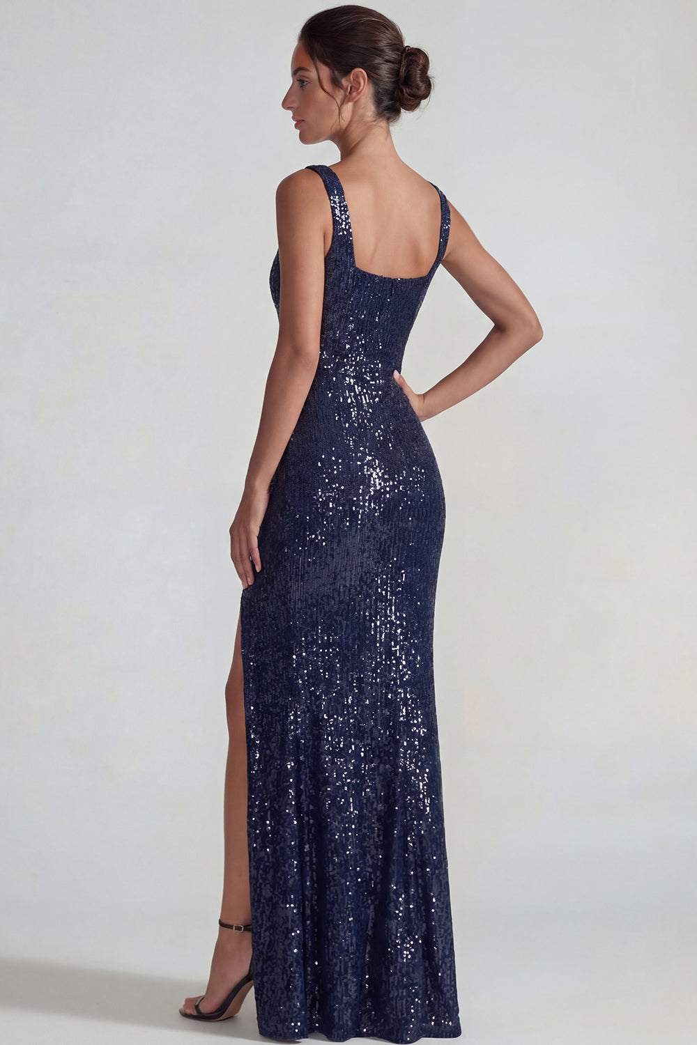 Sparkly Dark Purple Square Neck Sequin Sheath Long Formal Dress with Slit