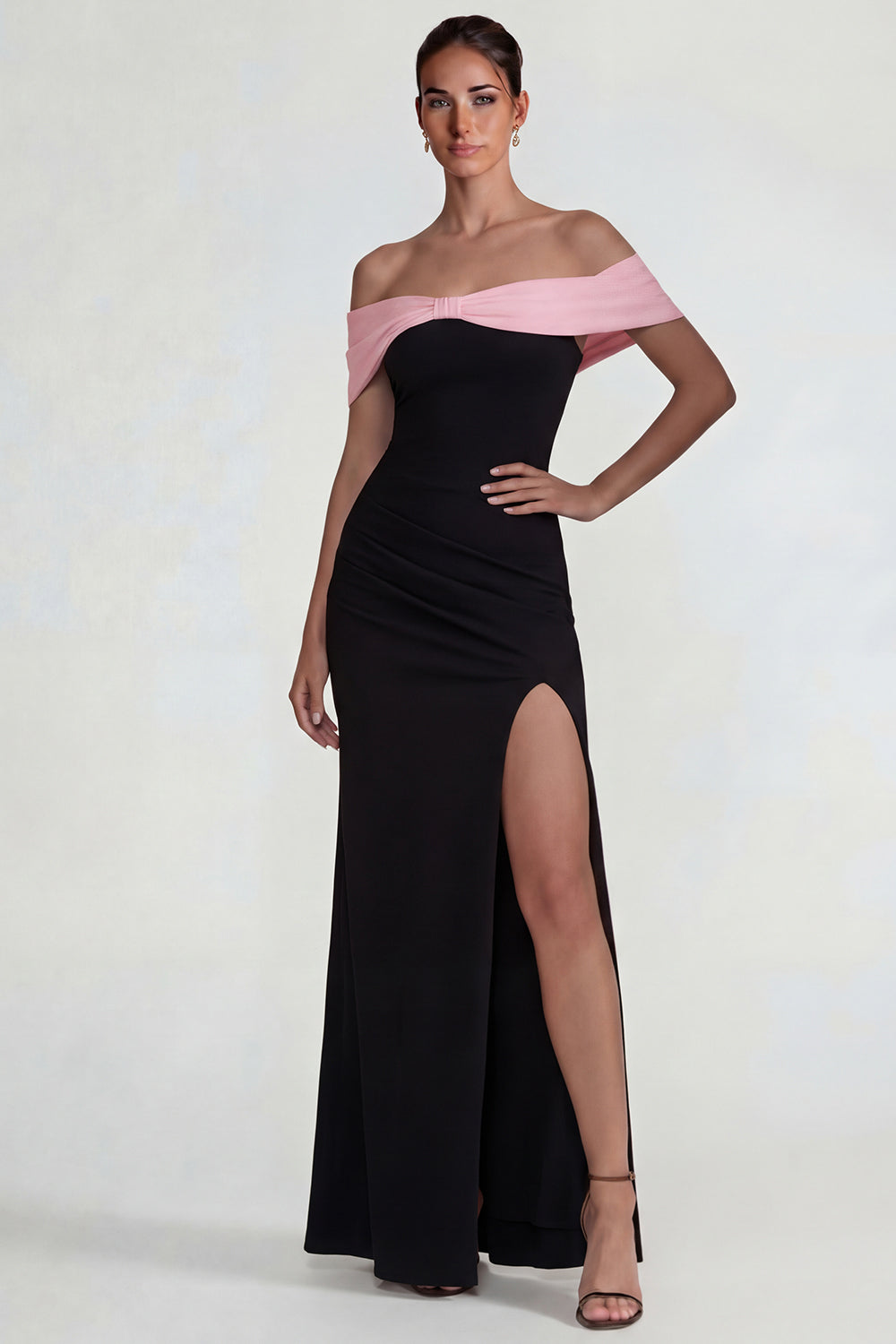 Black Pink Off-the-Shoulder Sheath Long Formal Dress with Slit