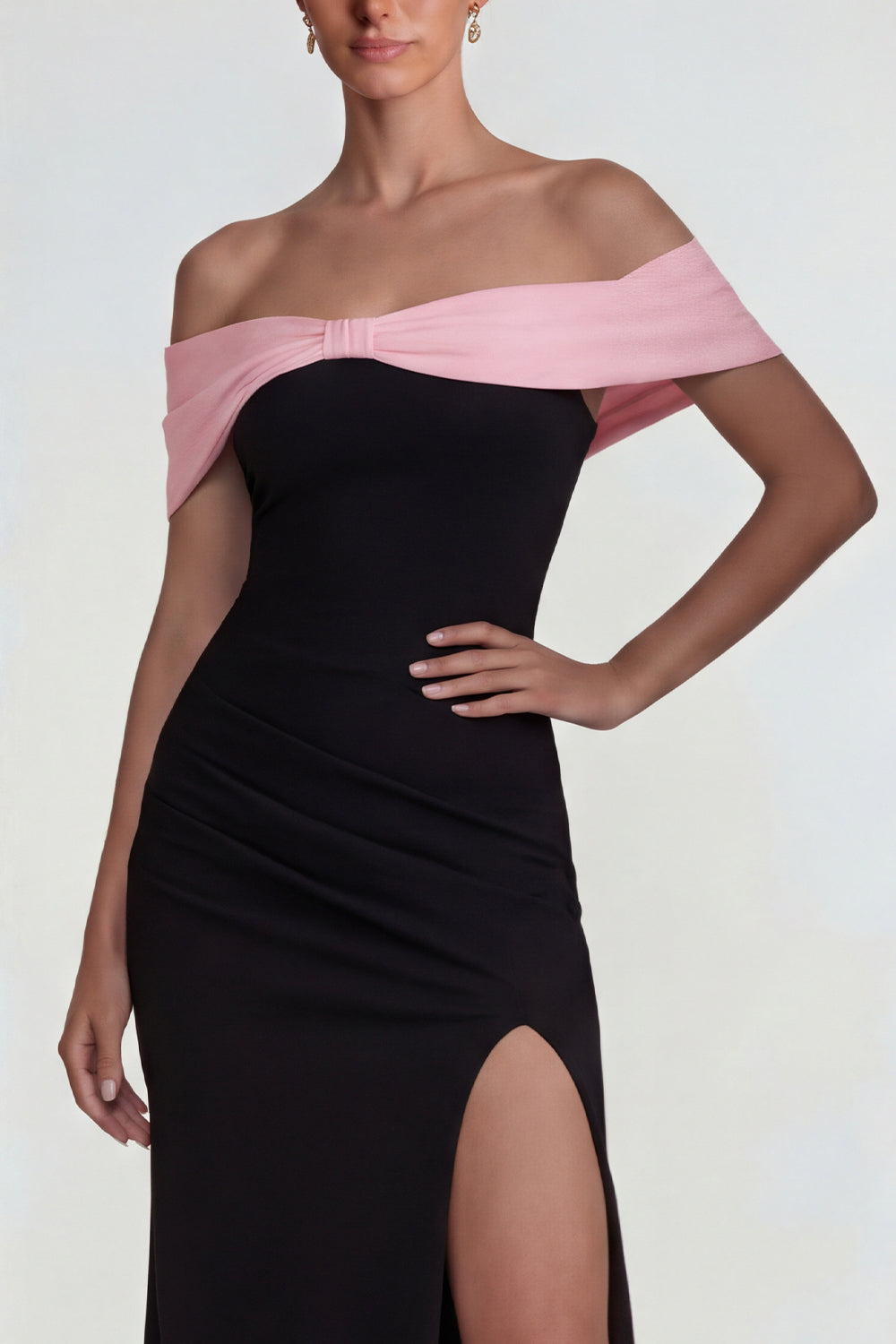 Black Pink Off-the-Shoulder Sheath Long Formal Dress with Slit
