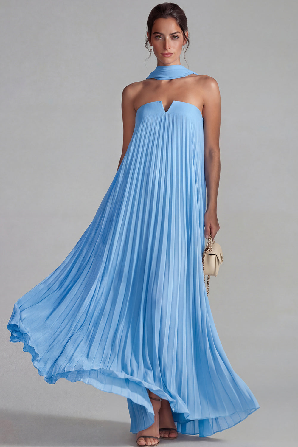 Blue Strapless Chiffon Pleated A-Line Long Formal Dress with Ribbon