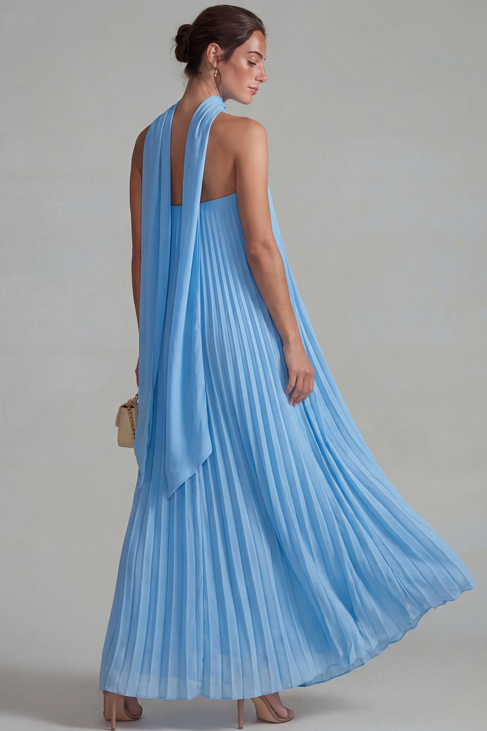 Blue Strapless Chiffon Pleated A-Line Long Formal Dress with Ribbon