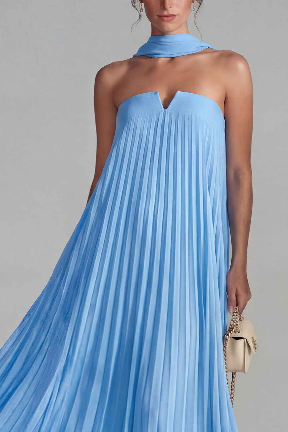 Blue Strapless Chiffon Pleated A-Line Long Formal Dress with Ribbon