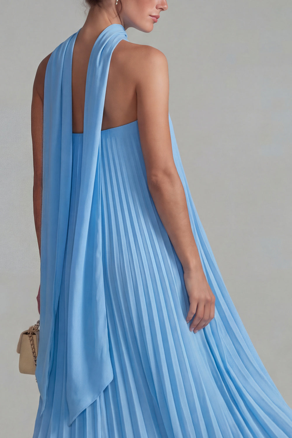 Blue Strapless Chiffon Pleated A-Line Long Formal Dress with Ribbon