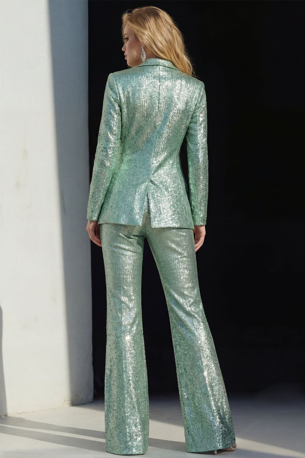 Costumes de bal pailletés à revers crantés vert étincelants 2 pièces pour femmes