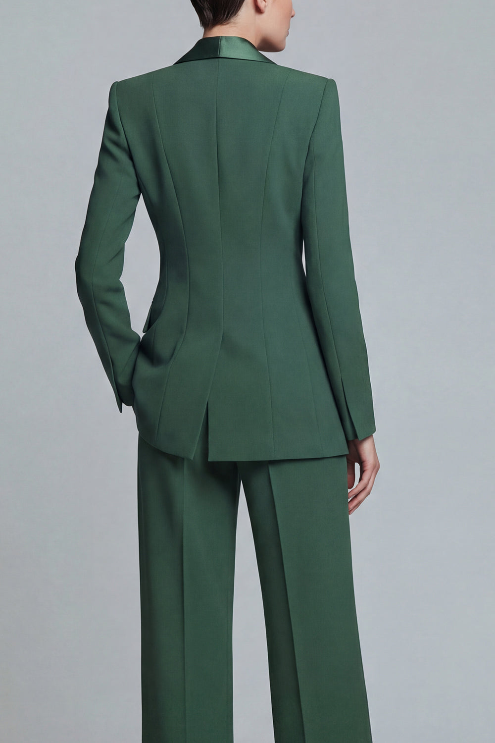Tailleur pantalon femme 2 pièces vert foncé à revers châle avec poches