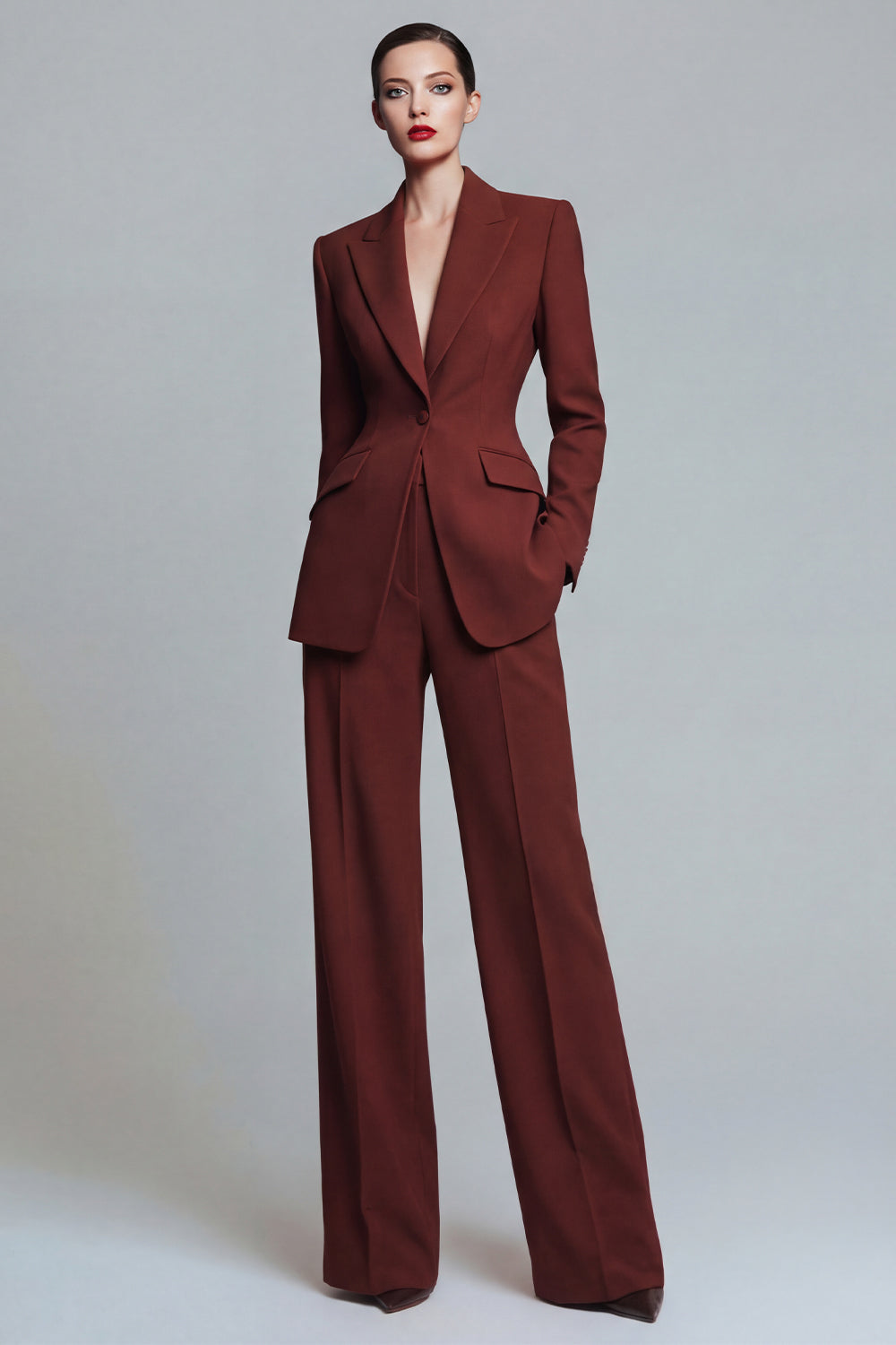 2-Piece Peak Lapel Burnt Orange Women's Work Suit with Pockets