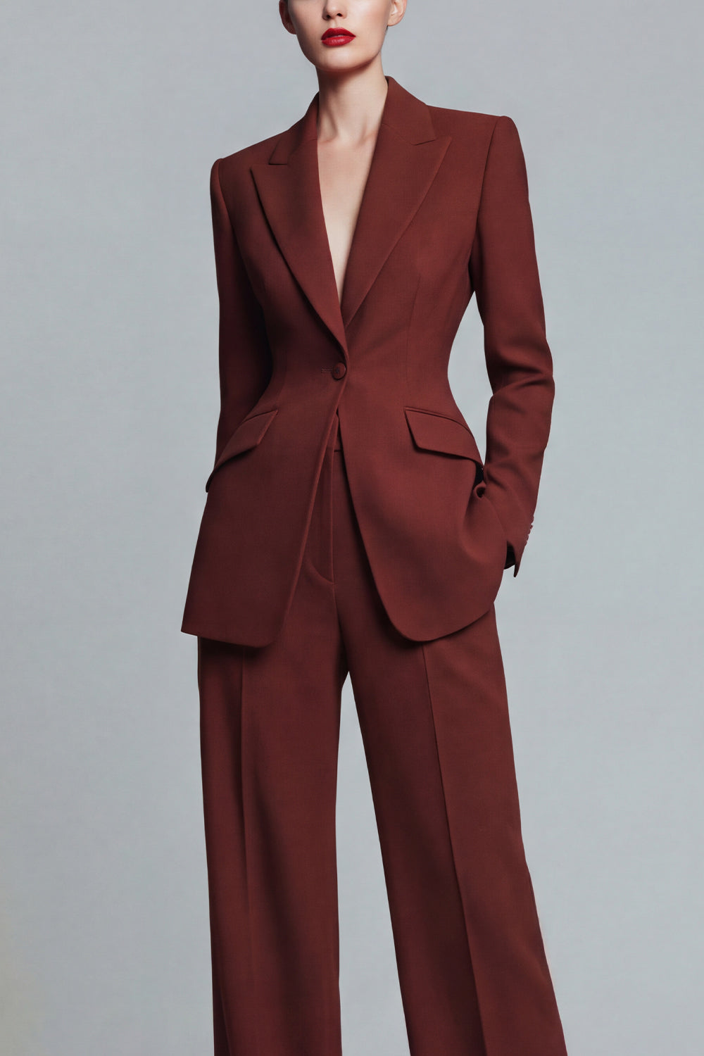 2-Piece Peak Lapel Burnt Orange Women's Work Suit with Pockets