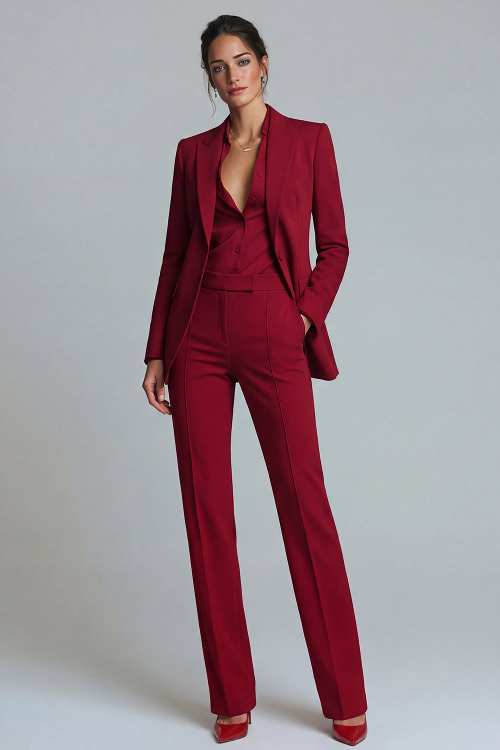 Burgundy 2-Piece Peak Lapel Women's Work Suits