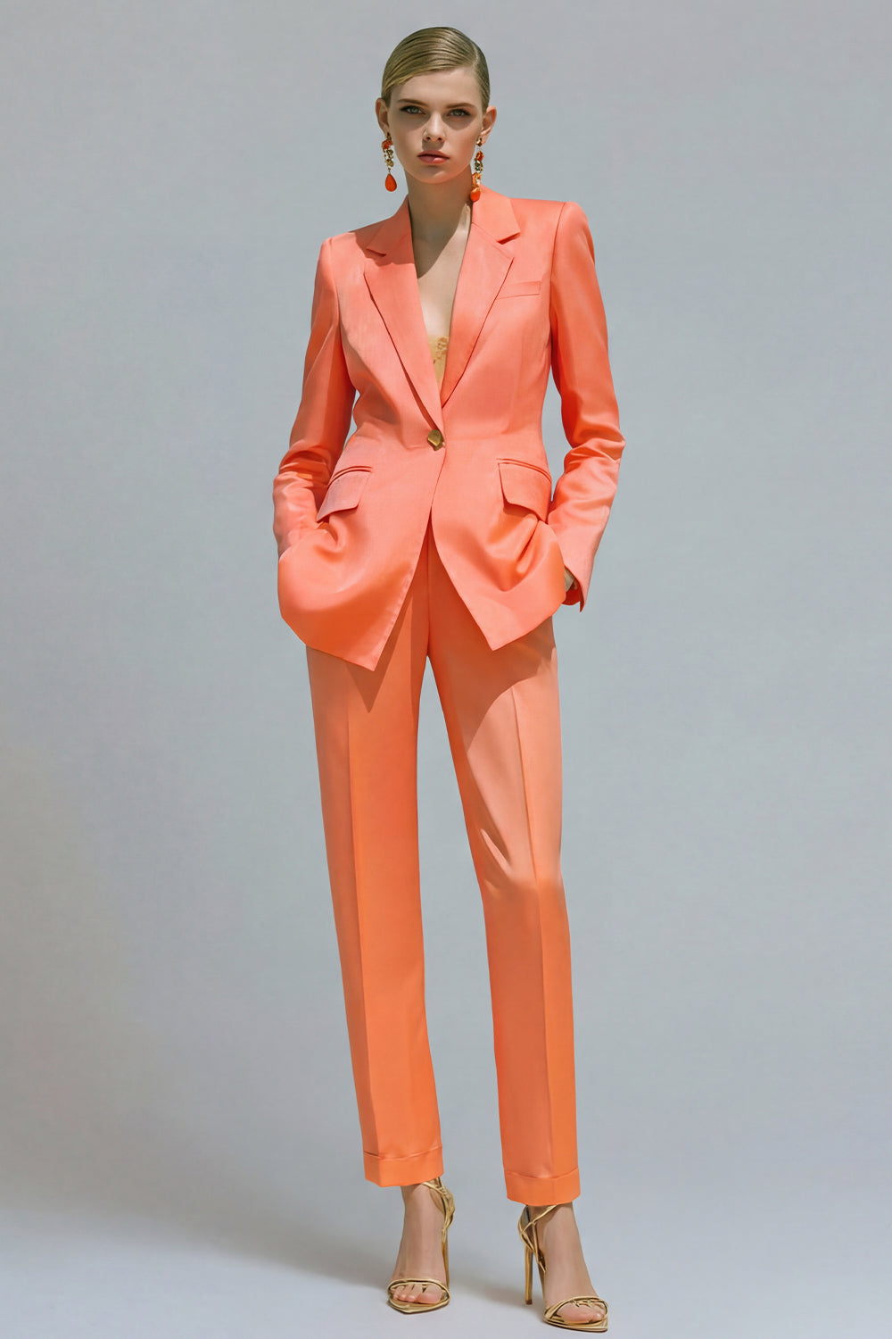 Orange Notched Lapel One-Button Two-Piece Women's Work Suit