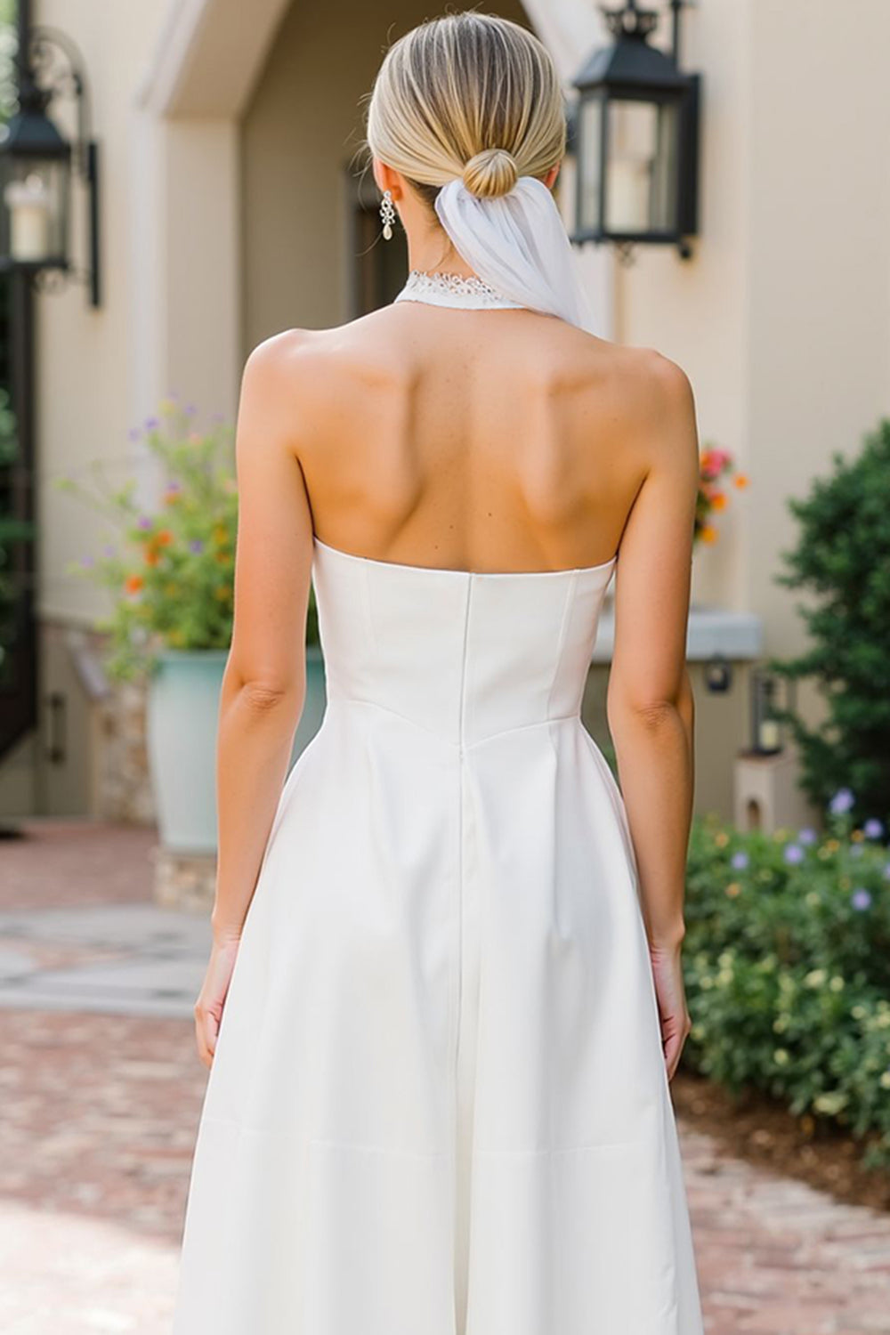 White A Line Lace Halter Midi Wedding Dress