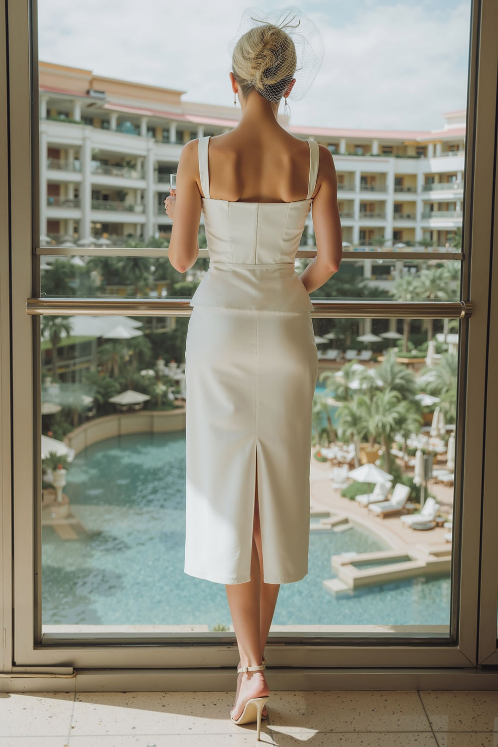 Robe de mariée longue fourreau en satin blanc avec col carré