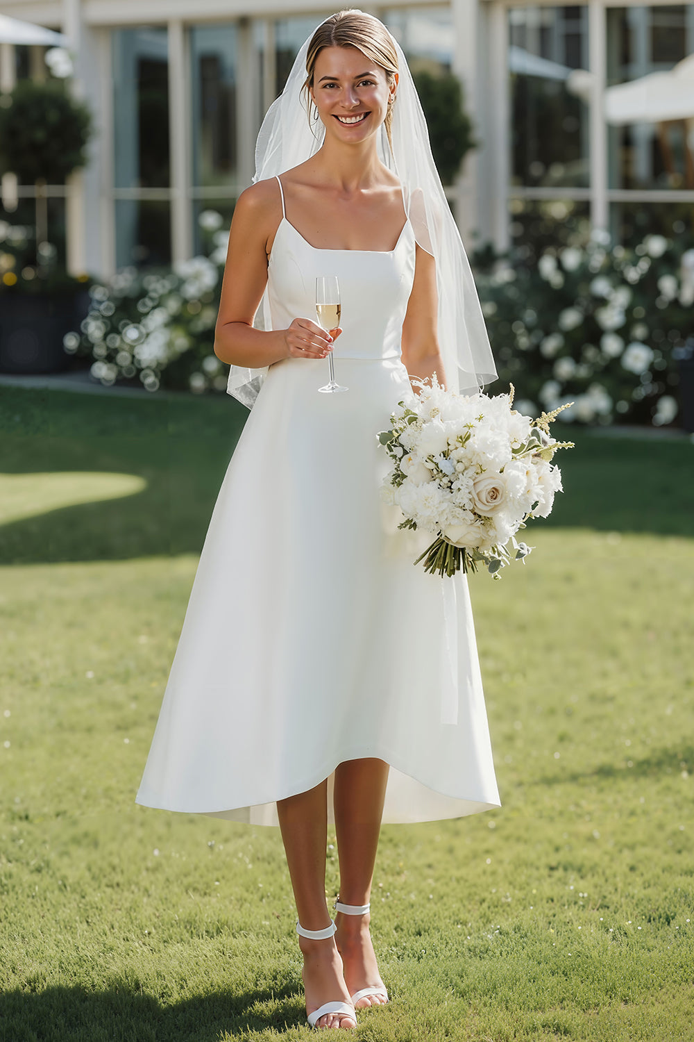 White Spaghetti Straps Midi A-Line Wedding Dress