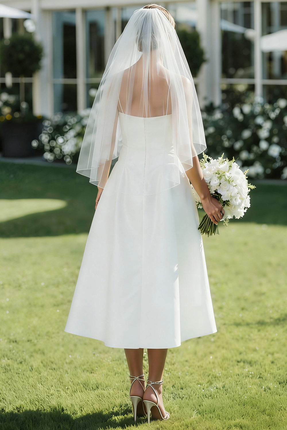 White Spaghetti Straps Midi A-Line Wedding Dress