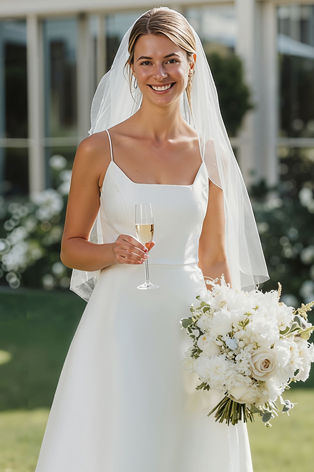 White Spaghetti Straps Midi A-Line Wedding Dress