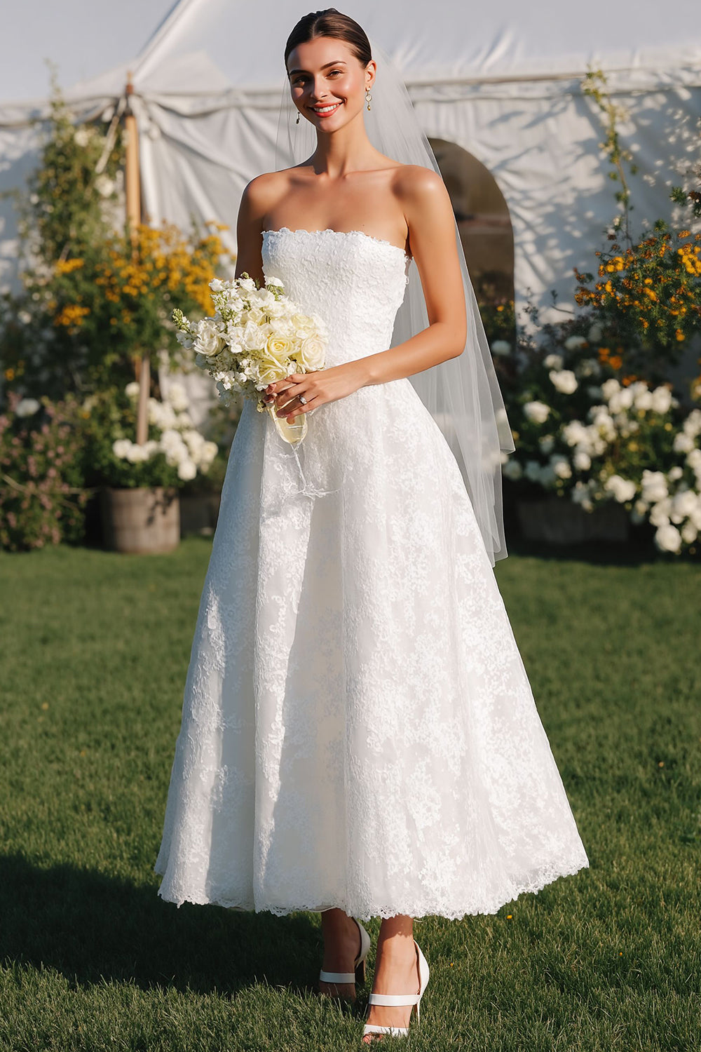 White Lace A-Line Strapless Long Wedding Dress