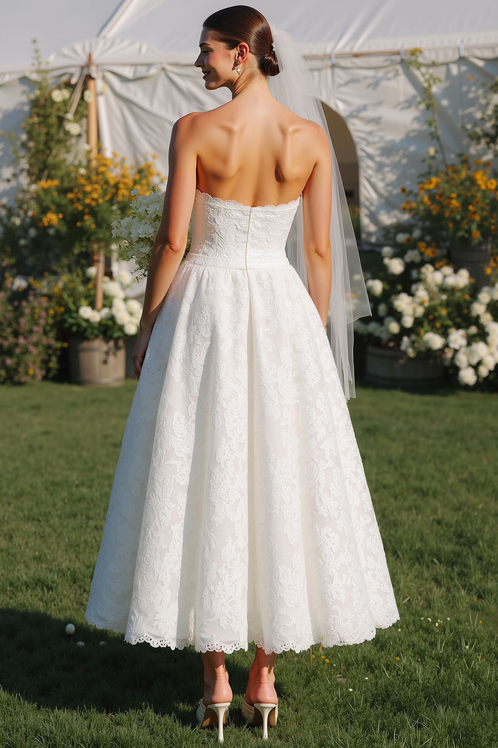 White Lace A-Line Strapless Long Wedding Dress
