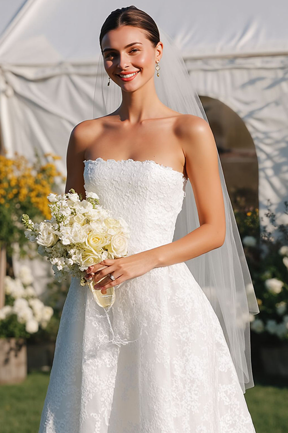 White Lace A-Line Strapless Long Wedding Dress