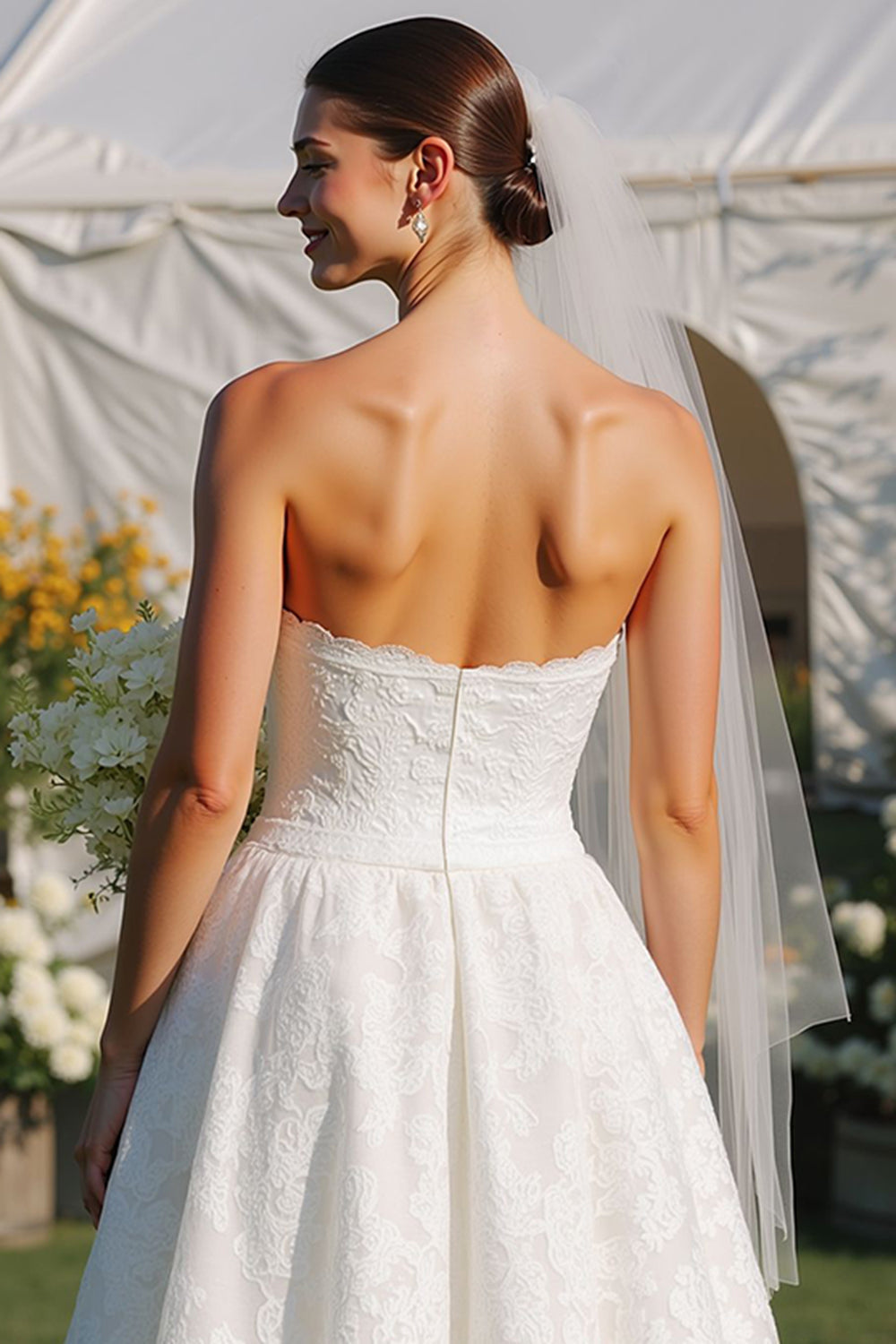 White Lace A-Line Strapless Long Wedding Dress