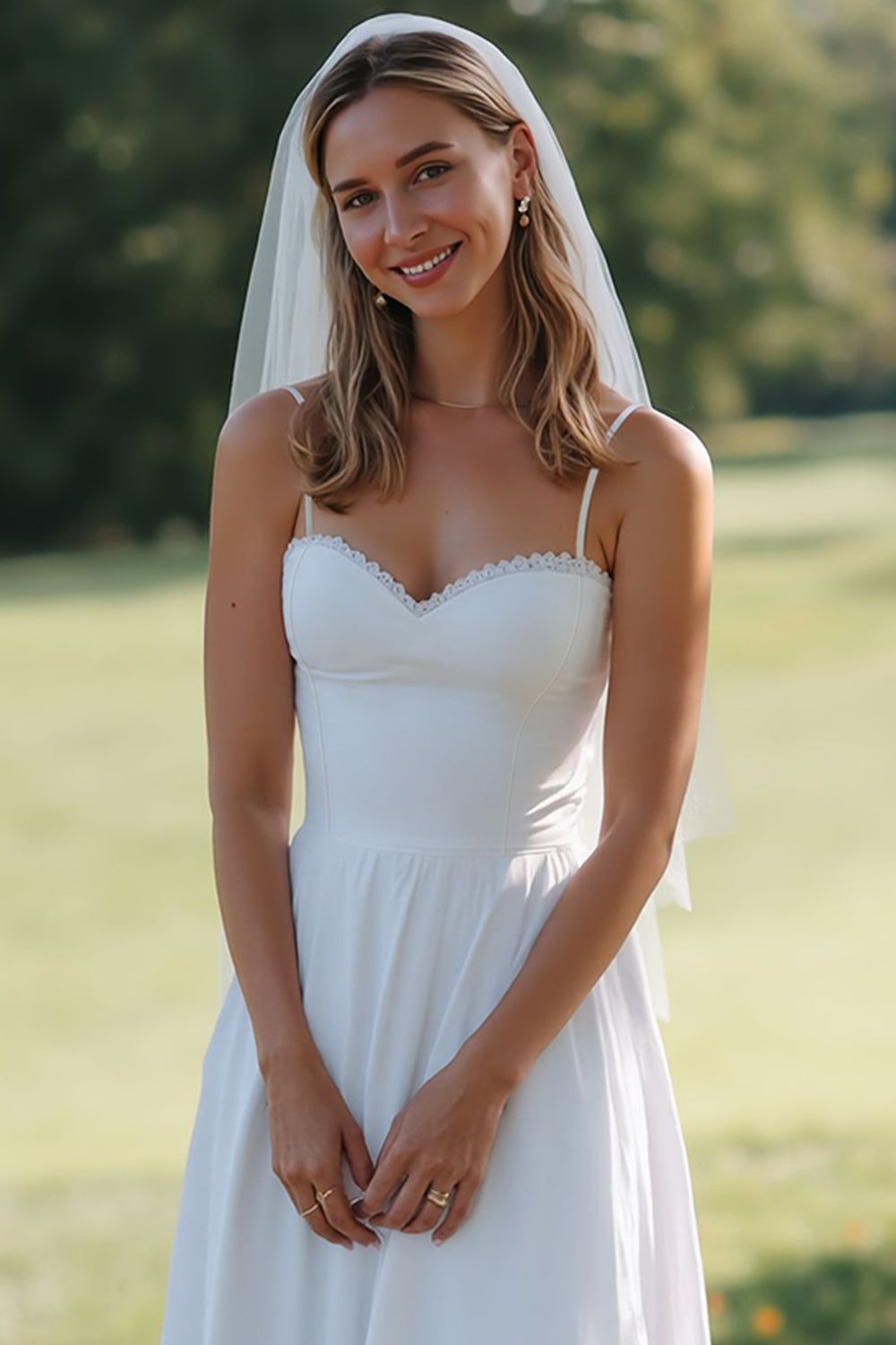 White Spaghetti Straps Lace A Line Midi Wedding Dress